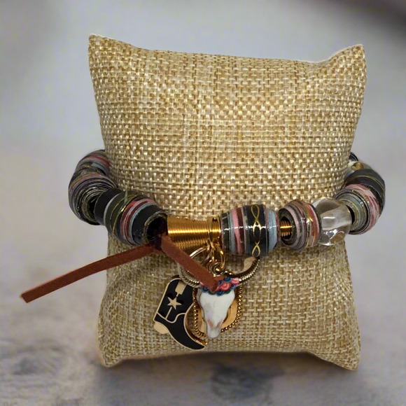 Eclectic Western Charm Mixed Media Handcrafted Stretch Bracelet - Picture 2 of 3